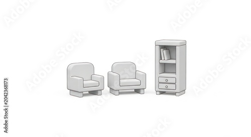 Stylized 3d white armchairs and bookshelf set
