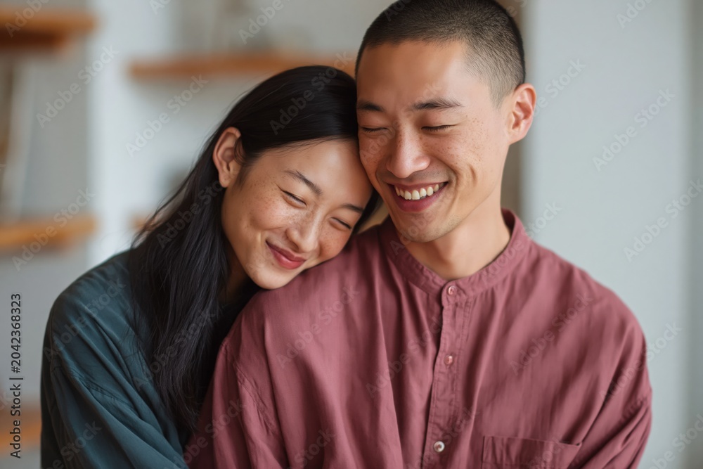 Fototapeta premium Young asian couple smiling and embracing in home interior