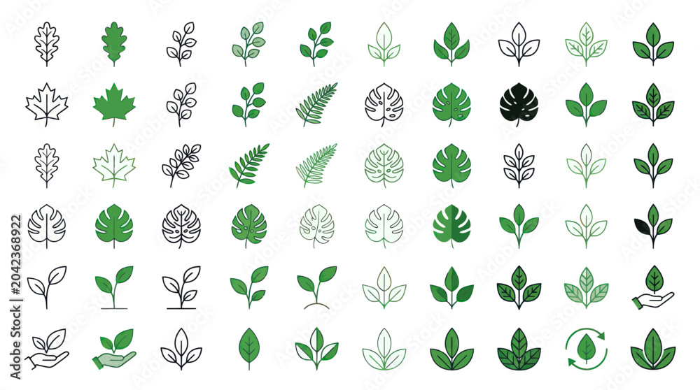 Fototapeta premium Green Leaf Icons Set: Nature, Ecology, Growth and Sustainability Symbols