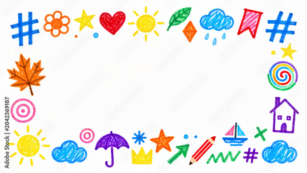 Naklejka premium Colorful crayon border frame with playful art elements. Ideal for kindergarten grade shool worksheets, kids graphics and cheerful designs, cute designs