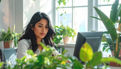 A young woman with dark hair works diligently at her desk, surrounded by lush greenery and bathed in natural light