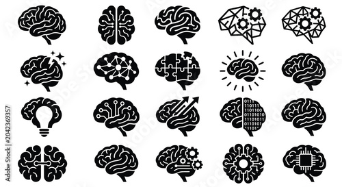 Brain icon set neural networks intelligence technology and cognitive science graphics