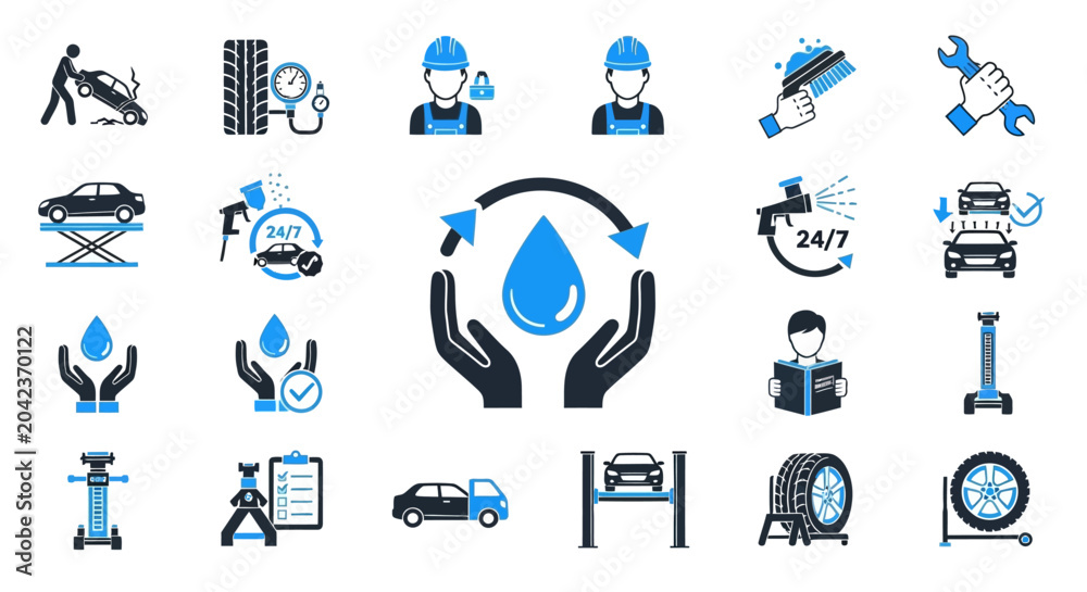 Fototapeta premium Comprehensive Automotive Service and Repair Icons Collection Modern Vehicle Maintenance, Car Wash, and Tire Shop Pictograms for Business Needs