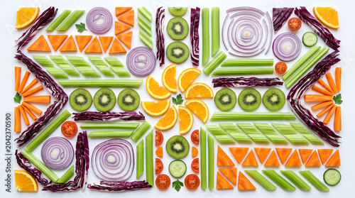 Top view of fresh vegetables and fruits arranged in a geometric pattern isolated on white background