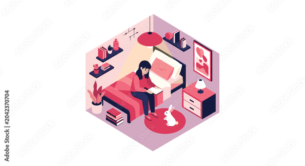 Obraz premium Isometric illustration of a cozy girl's bedroom with a bed, bookshelf, desk, and a pet rabbit on the floor.