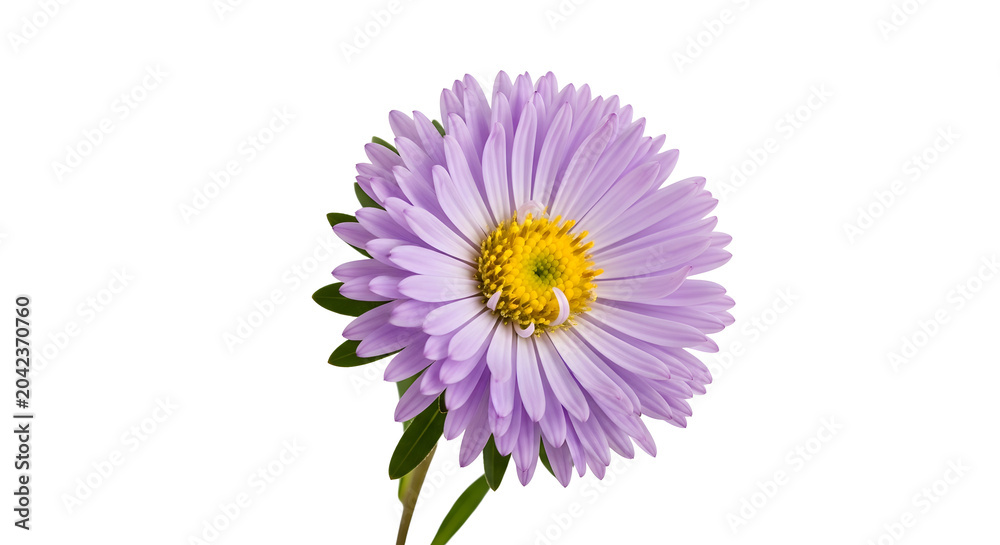 Fototapeta premium Delicate purple aster flower with yellow center and green leaves on a white background