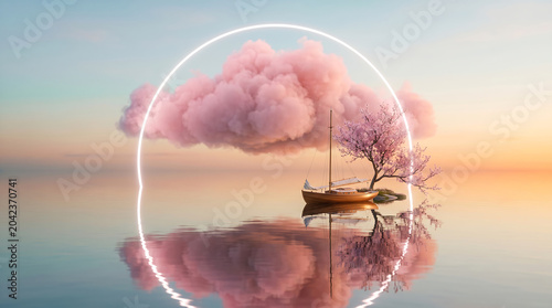 A surreal dreamlike scene featuring a wooden sailboat anchored near a small island with a blooming cherry blossom tree, framed by a glowing neon circle under a soft pink cloud at sunset