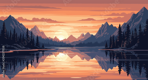 Beautiful sunset landscape illustration with purple mountains, a calm lake reflection, and a forest of pine trees.
