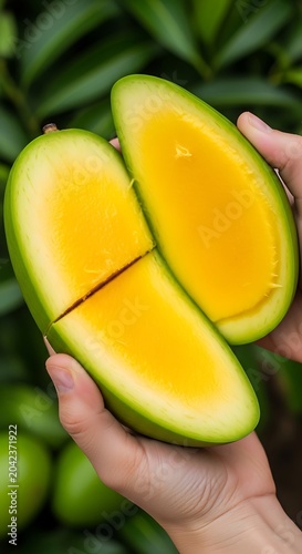 Vibrant green mango sliced in half, revealing bright yellow flesh