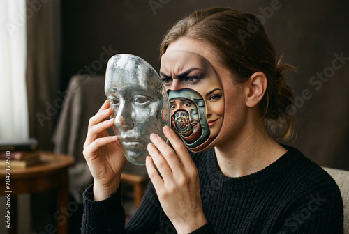 Woman Holding Masks Showing Multiple Personalities