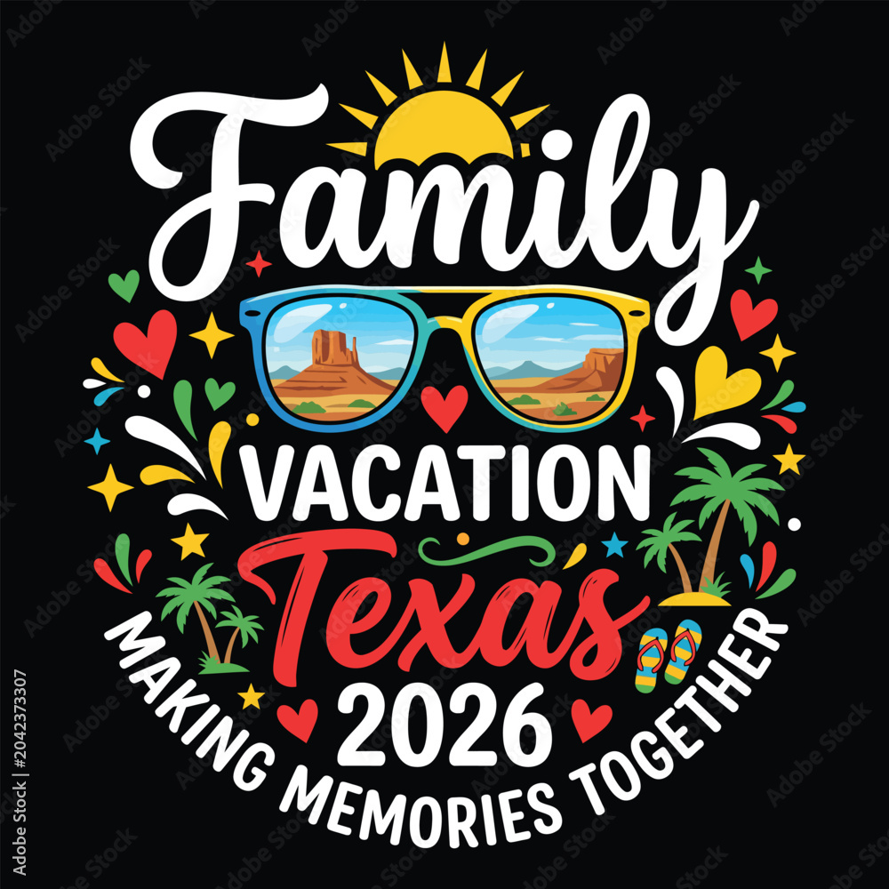 Fototapeta premium Family Vacation Texas 2026 Making Memories Together Colorful Travel Typography Vector Design