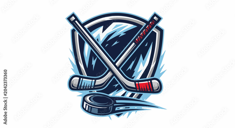 Fototapeta premium Crossed hockey sticks and puck in front of an icy shield emblem