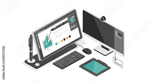 Isometric Graphic Design Workspace Illustration with Dual Monitors, Graphic Tablet, and Professional Creative Tools for Digital Artists