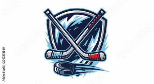 Crossed hockey sticks and puck in front of an icy shield emblem