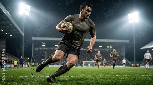 rugby player running with ball under stadium lights sport action game field athletic competition teamwork