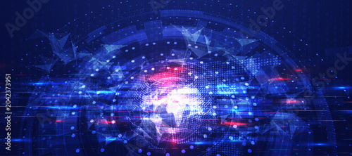 Abstract digital world map within a futuristic technological circle with light effects.