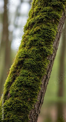Vibrant green moss blankets a tree trunk in a soft-focus forest setting
