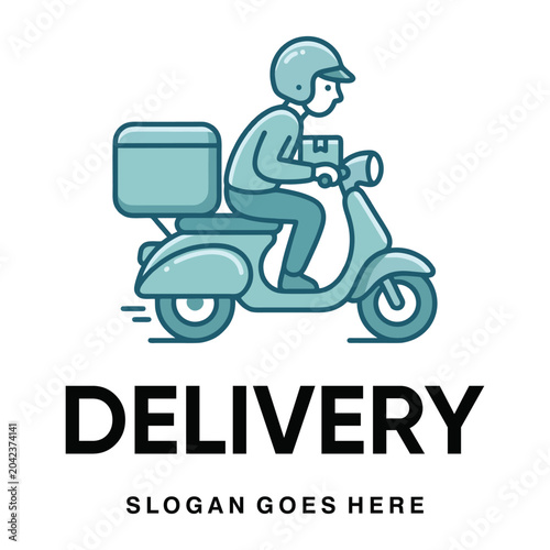 Fast delivery service logo template with courier riding scooter or motorbike