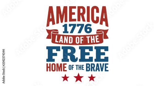 America 1776 Land of the Free Home of the Brave patriotic typography with stars and banner