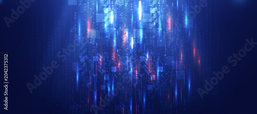 Digital matrix data stream with blue and red glowing binary code for technology backdrop.