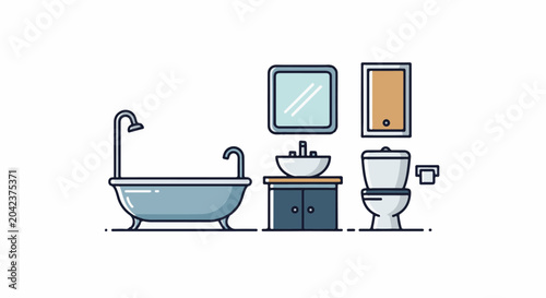 Flat design illustration of a bathtub, sink, and toilet in a bathroom