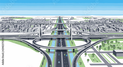 Bird's eye view of a complex urban highway interchange under a clear blue sky