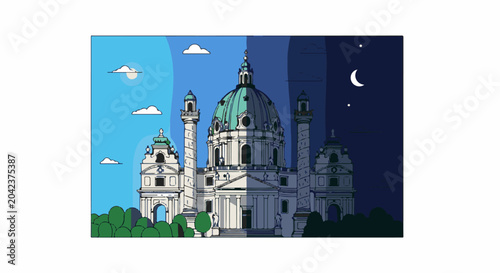 Stylized illustration of grand building divided into day and night halves