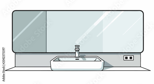 A modern bathroom vanity with a rectangular sink, faucet, and large mirror