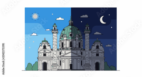 Historic domed structure depicted in contrasting day and night scenes