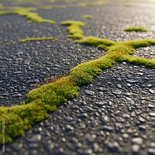 Vibrant green moss sprouts through asphalt cracks, highlighting nature's resilience