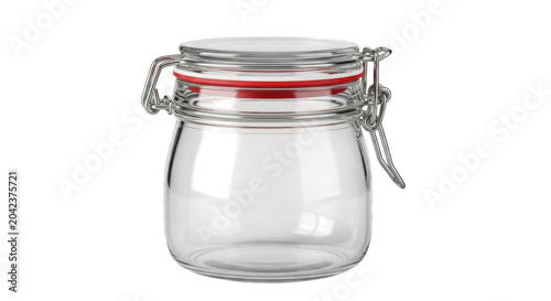 Empty glass jar with metal clasp and red seal on white background
