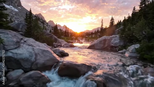 Mountain stream at sunset with golden sun flares and granite rocks