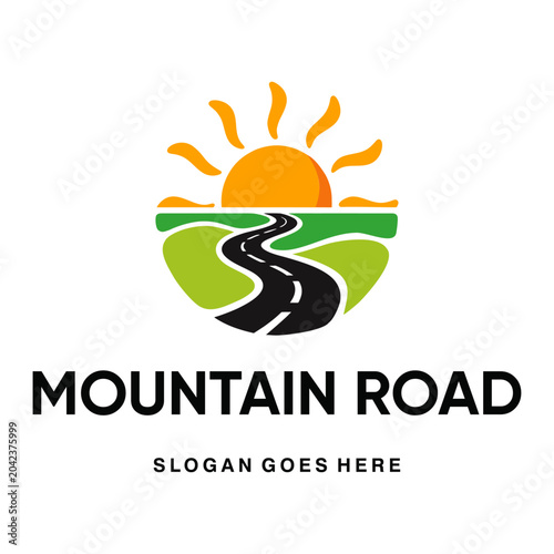 Mountain road logo template with winding highway and rising sun