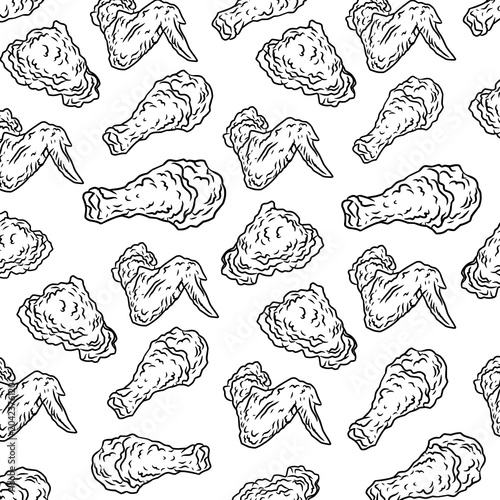 Fried chicken seamless pattern background. Hand drawn sketch illustration of chicken wings and drumsticks. Crispy fast food pattern design.