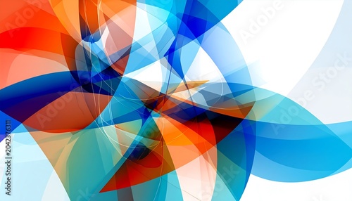 Abstract composition with overlapping, transparent shapes. A blend of reds, oranges, and blues against a white backdrop, creating depth and movement