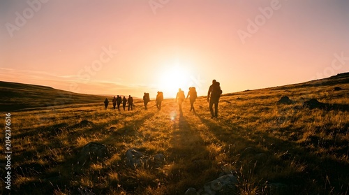 A group of hikers treks across a sun-drenched landscape at sunset, casting long shadows on the grassy terrain