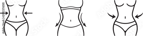 Weight loss icon set with slimming woman, fitness, healthy nutrition, waist measurement symbols.
