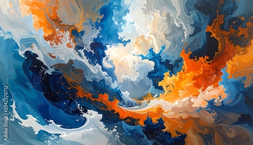 Abstract fluid art with swirling hues of blue, orange, and white, creating a dynamic, artistic composition