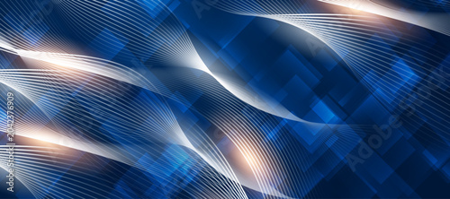 Abstract blue background with flowing white lines and geometric patterns, digital art.