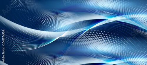 Elegant blue and white abstract background with flowing waves and halftone dots.