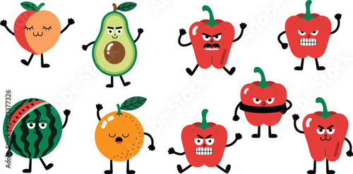 Photos Cartoon fruit vegetable characters with expressive faces, funny food illustratio
