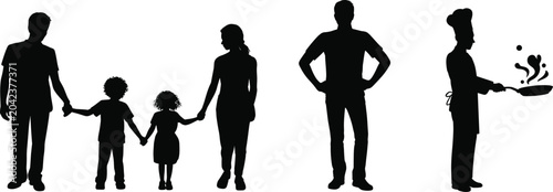 Fotografie Family silhouettes with parents children together, chef cooking food, domestic l