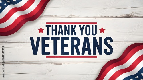 Patriotic thank you veterans sign with american flag on rustic white painted wood, veterans