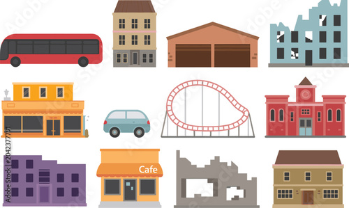 Photos Urban buildings and vehicles illustration, bus, car, storefront, café, school, h