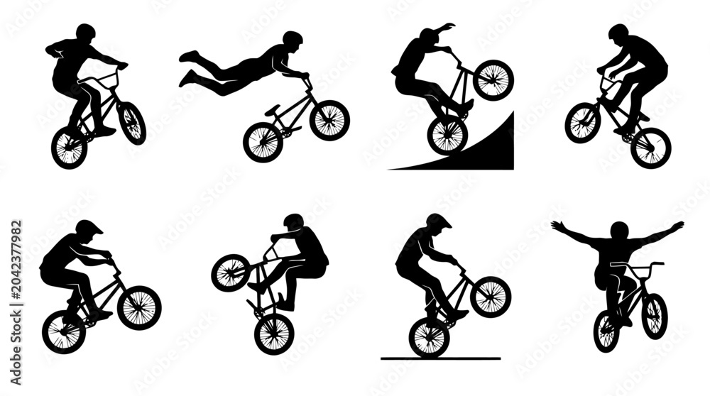 Naklejka premium Silhouette illustrations of cyclists performing tricks.