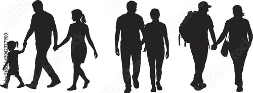 Foto Walking silhouette icons showing family companionship, couple partnership, trave