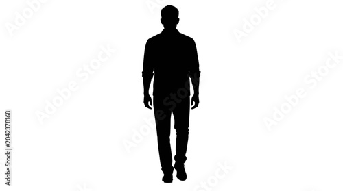 Foto Person walking towards the camera appears as a solid black silhouette on a bright white surface