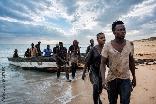 Migrants arriving on shore after arduous ocean crossing