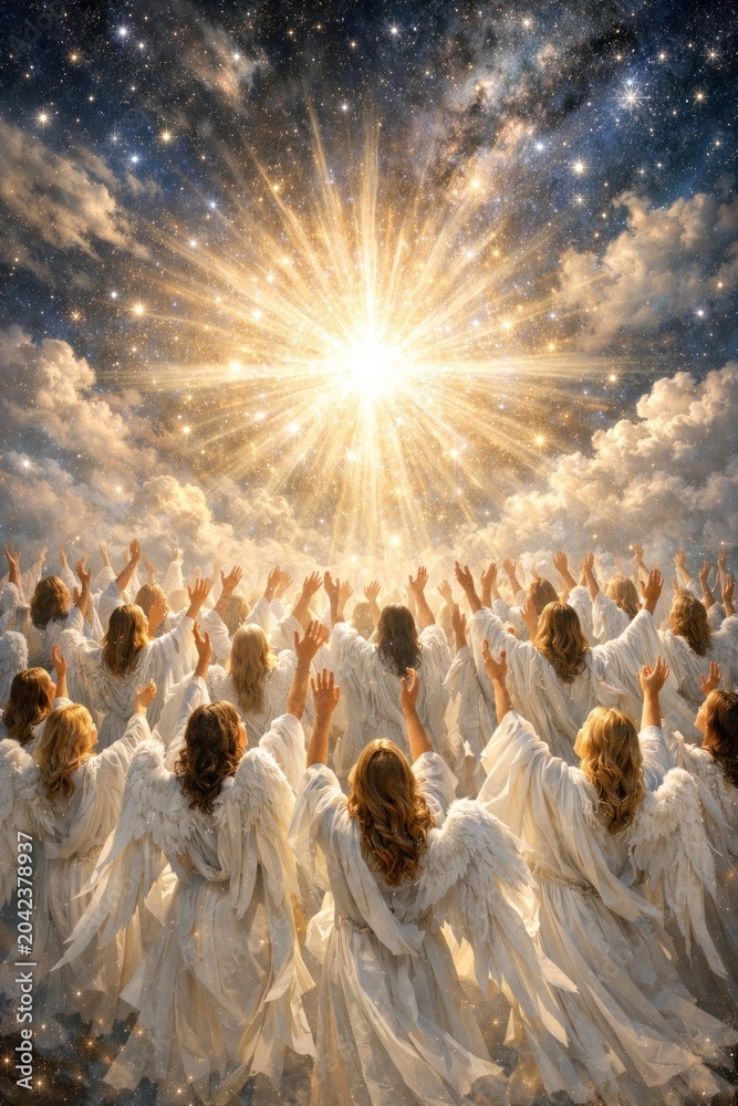 Obraz premium Angelic figures worship celestial light.