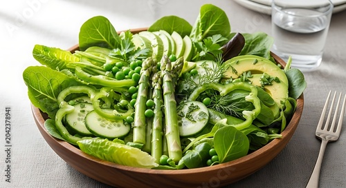 Vibrant green salad with fresh vegetables and avocado in wooden bowl